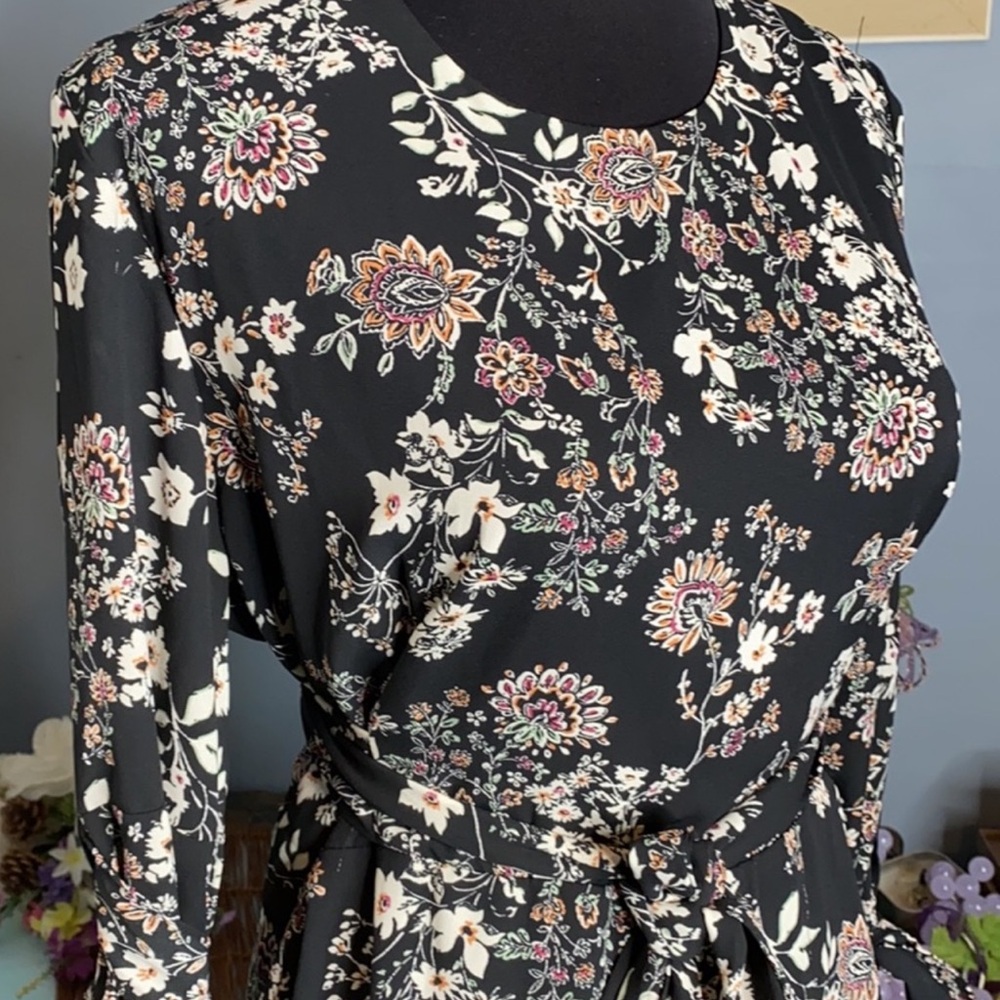 - Maurices Black Floral Print Dress NWT Long Bell Sleeved
